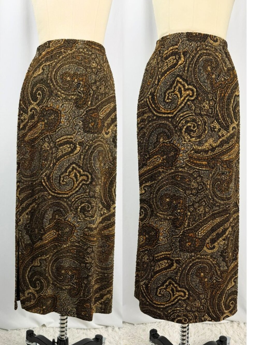 Vintage 90s Tapestry Baroque Textured Paisley Black Golden Maxi Stretch Skirt M - Picture 2 of 7